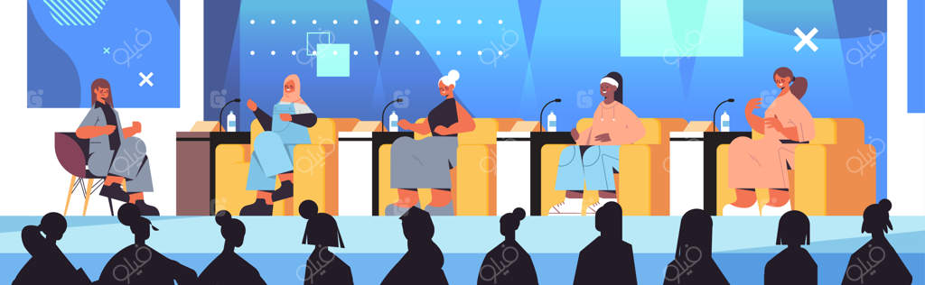 دوستان زن از نژادهای مختلف در حال گفتگو طی جلسه‌ای در باشگاه زنان: پشتیبانی و اتحاد فمینیست‌ها - مفهوم برنامه تلویزیونی، تصویر افقی وکتور کامل.