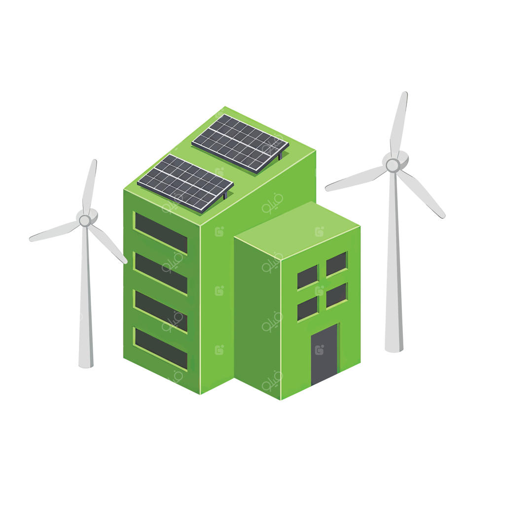 یک ساختمان سبز با توربین های بادی و پنل های خورشیدی