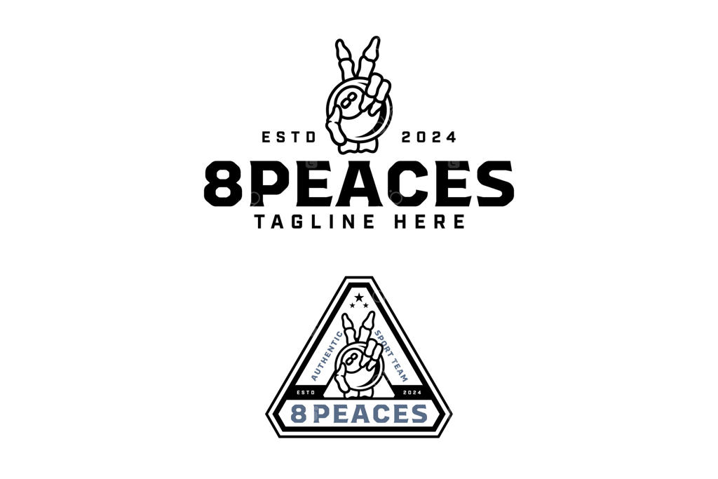 طراحی لوگو: طرح دستی اسکلت در حال نگه‌داشتن توپ بیلیارد شماره ۸. لوگوی خطی: طرح صلح دست جمجمه با توپ سیاه بیلیارد شماره ۸. لوگو و تصویرسازی دست صلح برای باشگاه بیلیارد یا مسابقات.