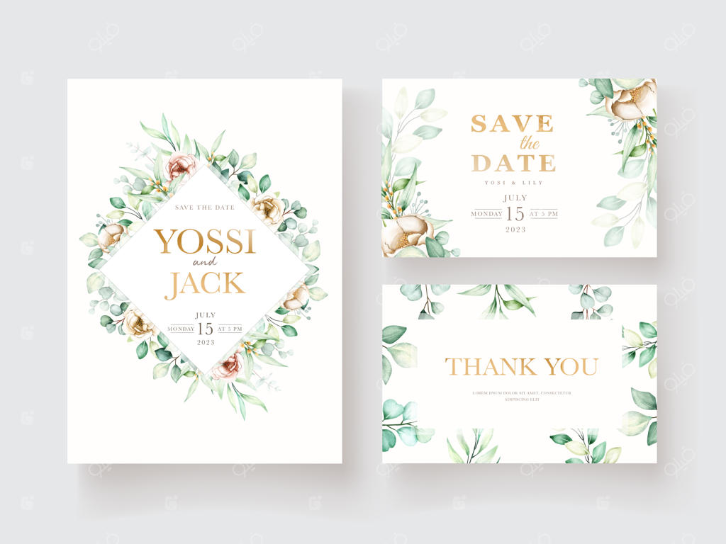 مجموعه کارت دعوت طرح گل صد تومانی و اکالیپتوس آبرنگی