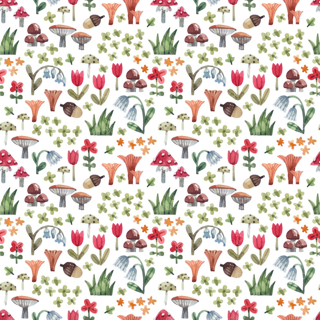 پترن روشن و بامزه با گیاهان جنگلی دست‌نقاشی شده به سبک کارتونی - پس‌زمینه‌ی یکپارچه