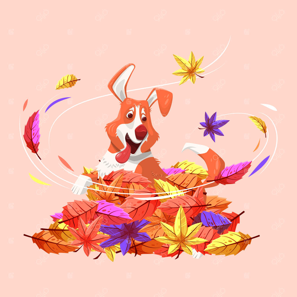 سگ کارتونی کورگی در حال بازی میان برگ‌های پاییزی