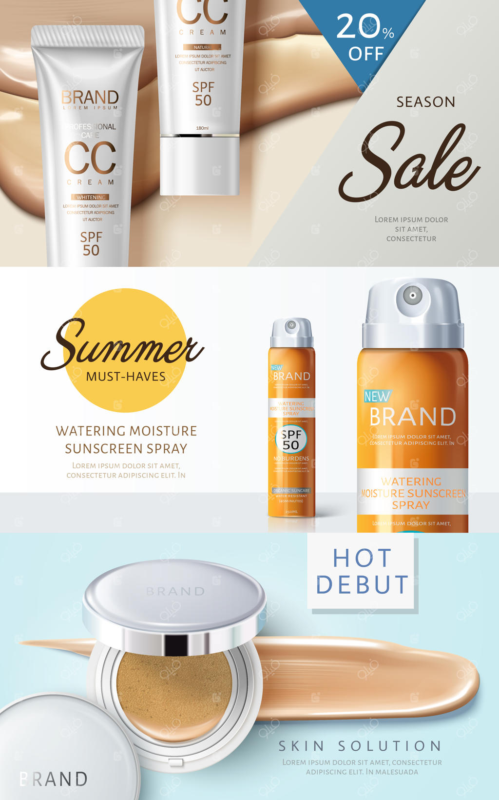 سه بنر وب متفاوت با تم لوازم آرایشی همراه با تصاویر محصولات