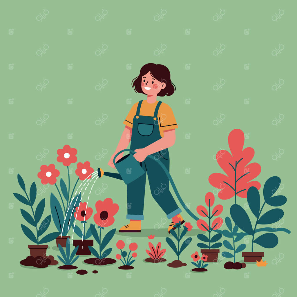 زنی شاد در حال آبیاری گل‌های رنگارنگ در باغی سرسبز، تصویر ساده