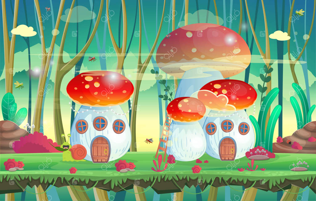 جنگلی با خانه‌های قارچی: تصویر برداری برای بازی‌ها