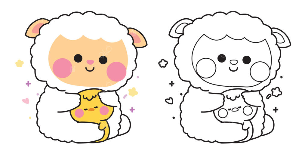 صفحات رنگ‌آمیزی: عروسک گوسفند بامزه در آغوش جوجه کوچولو با قلب و ستاره. دوستی و عشق. طراحی شخصیت‌ حیوانات مزرعه و پرنده. کتاب نقاشی. طرحی جذاب و دوست‌داشتنی.