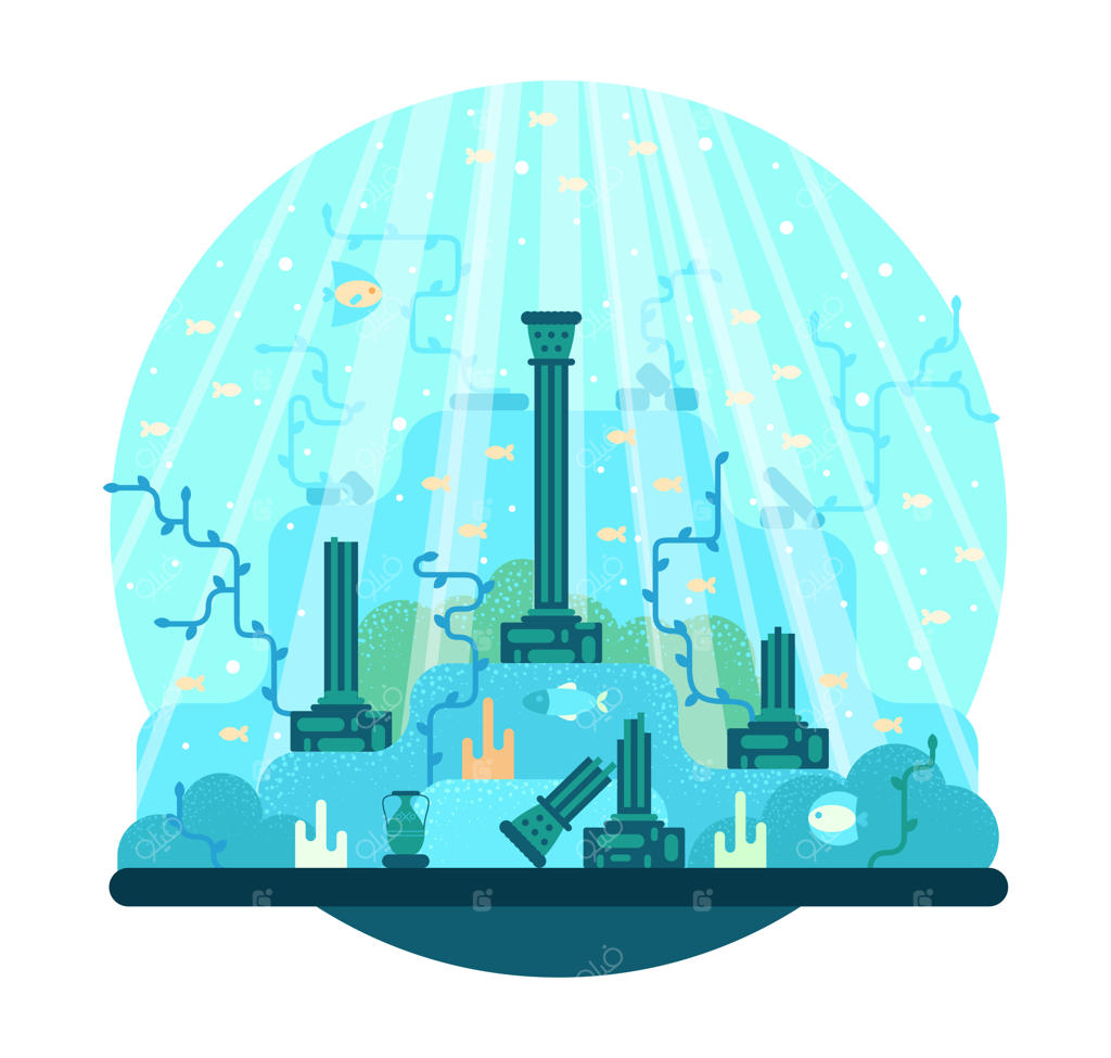 ستون‌های شهر باستانی خراب شده زیر آب دریا - یک تصویرسازی کارتونی وکتور