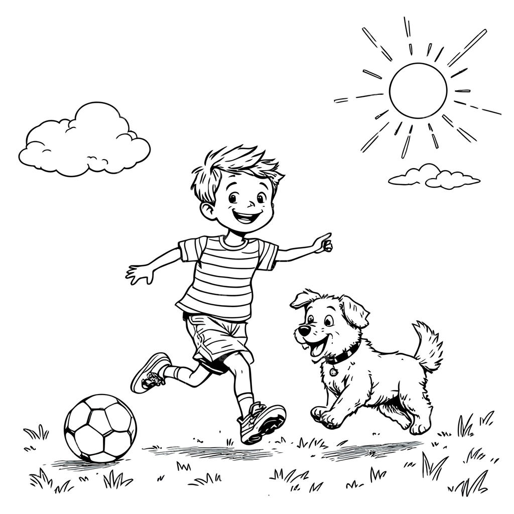 پسر خردسال خوشحال در حال فوتبال بازی با سگ دوست‌داشتنی‌اش در یک روز آفتابی