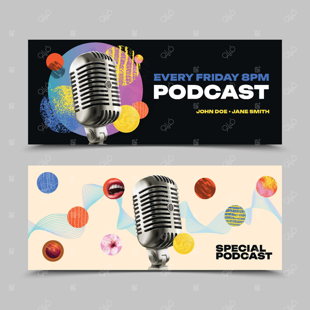 بنر واقعی پادکست با میکروفون‌ها