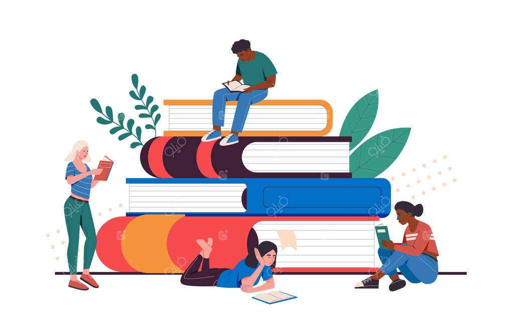 شخصیت‌های کارتونی جوان در حال مطالعه: دانشجویان دختر و پسر در حال درس خواندن یا آمادگی برای امتحان