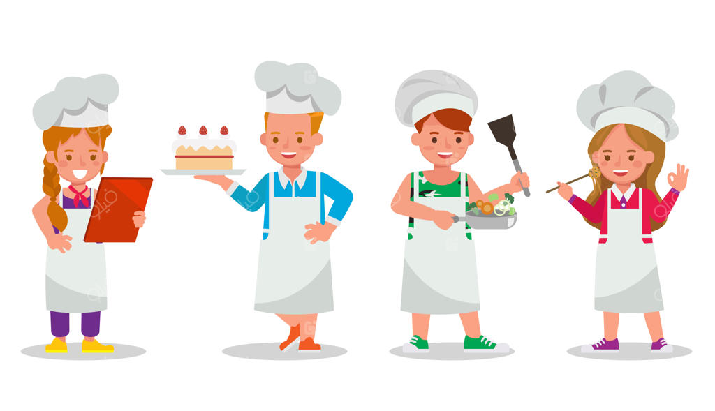 مجموعه‌ای از شخصیت‌های کودک: سرآشپزهای کوچک در حال آماده‌سازی غذا.