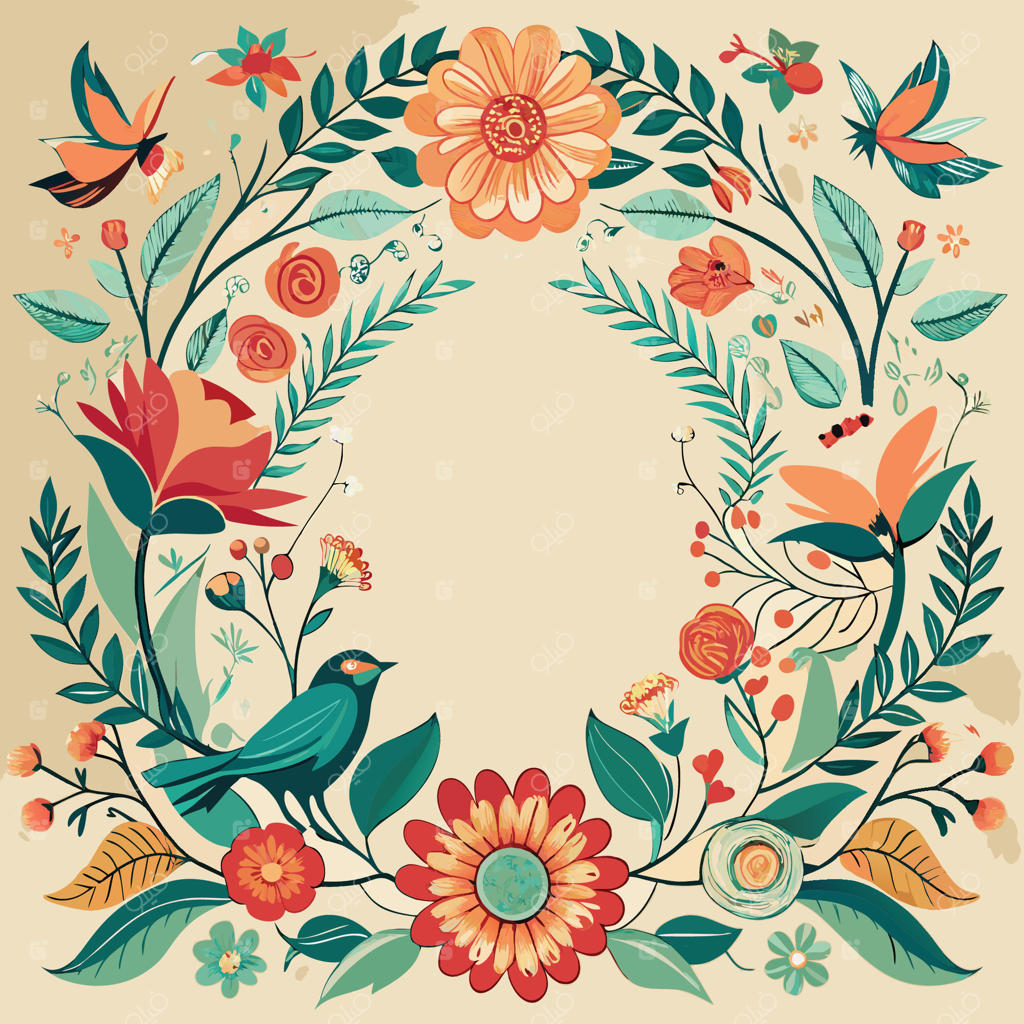 پس‌زمینه آبرنگی با طرح گل‌های زیبا و قاب سایه‌پرندگان