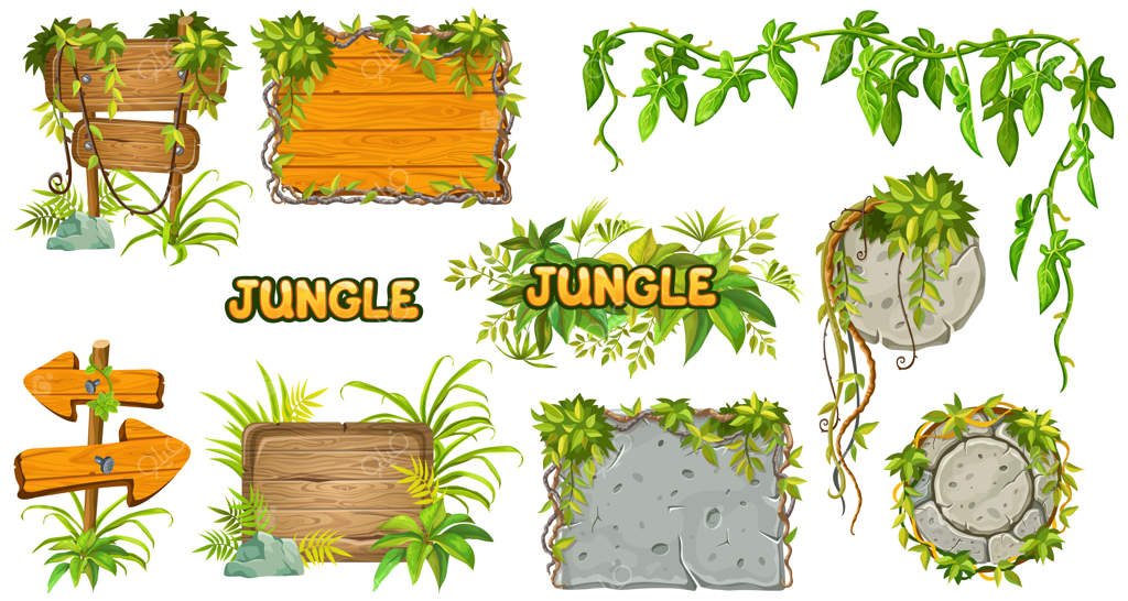 مجموعه بازی کارتونی با تخته‌های چوبی و سنگی – پنل‌های گرافیکی با لیاناهای گرمسیری.
