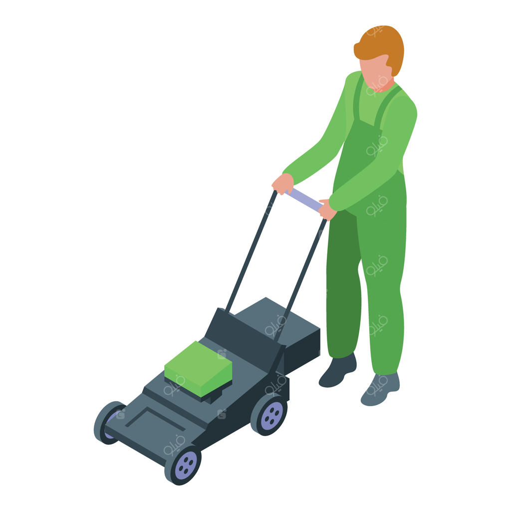 باغبان در حال چمن‌زنی با ماشین چمن‌زن مدرن در نمای ایزومتریک