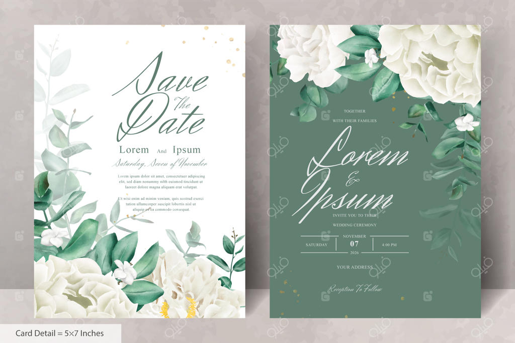 الگوی کارت دعوت عروسی با طرح آبرنگی واقع‌گرایانه از گل‌ها و برگ‌های دست‌ساز
