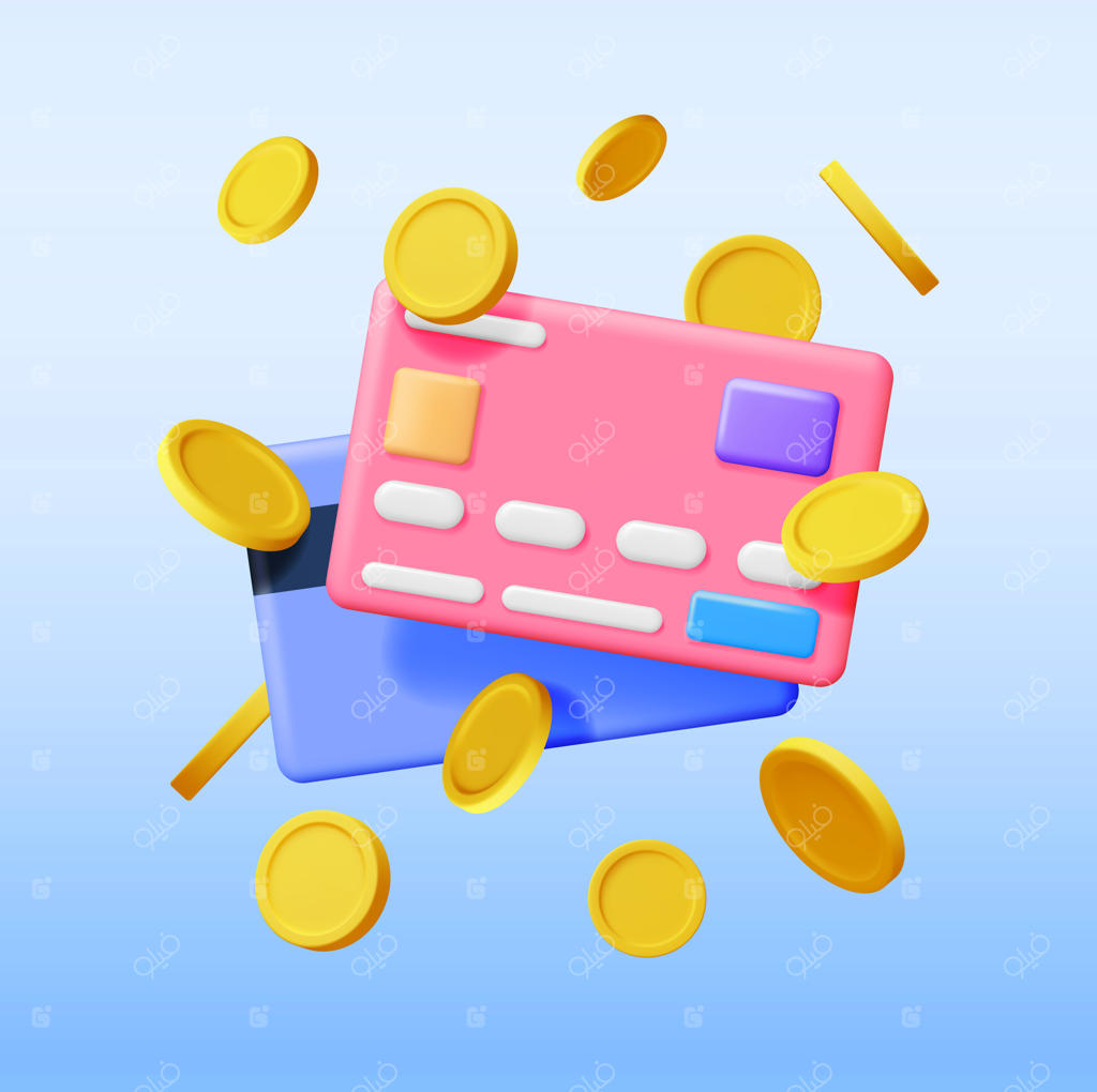 کارت بانکی سه‌بعدی در میان پول‌ها در هوا