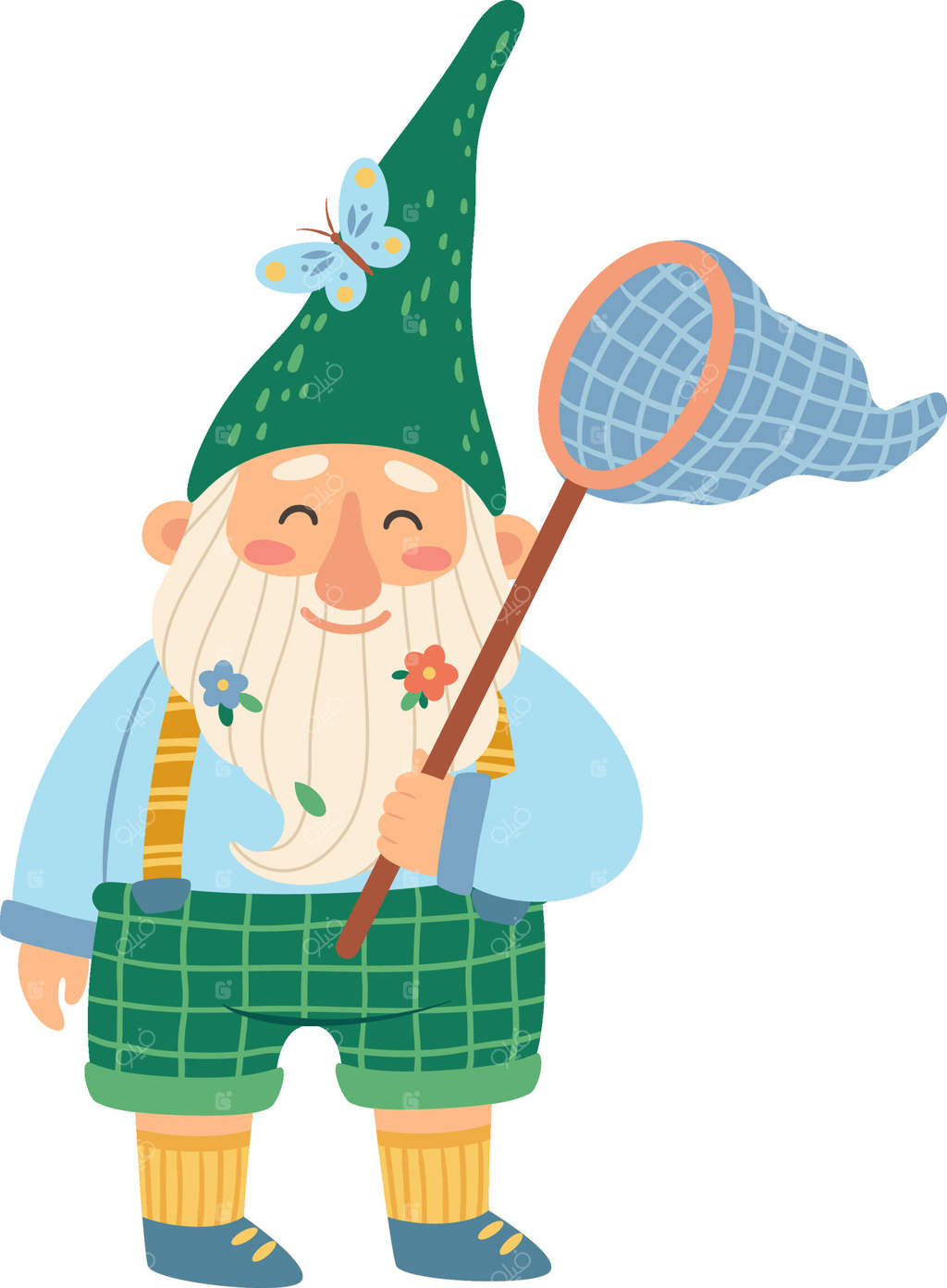 گنوم دوست‌داشتنی با تور پروانه و پروانه‌ای روی کلاهش در حال شکار پروانه‌ها در باغ بهاری و لبخند‌زنان است، تصویر روی زمینه سفید