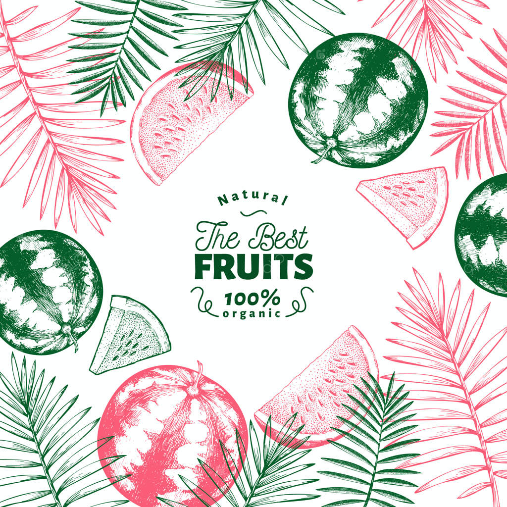 طراحی هندوانه و برگ‌های استوایی