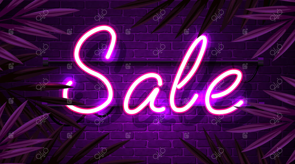 بنر نئون حراج رترو با برگ‌های استوایی