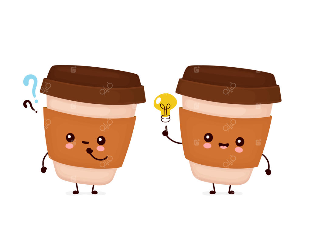 لیوان کاغذی قهوه با چهره خندان و علامت سوال و لامپ ایده پردازی