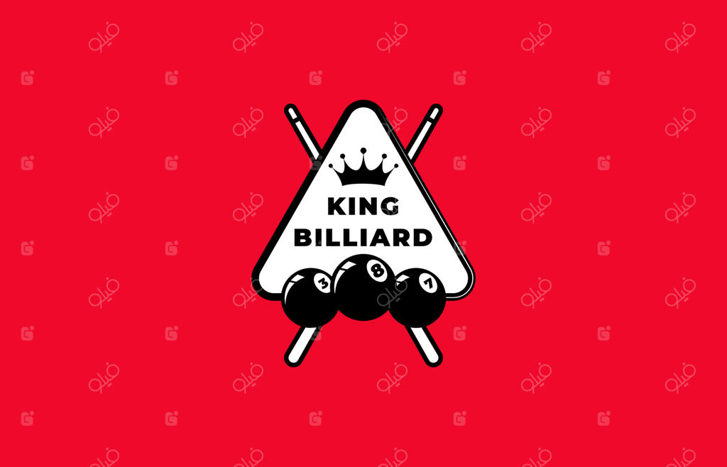 لوگوی پادشاه بیلیارد با چوب، توپ و تاج، ورزش، بازی و استراتژی. فایل قابل ویرایش