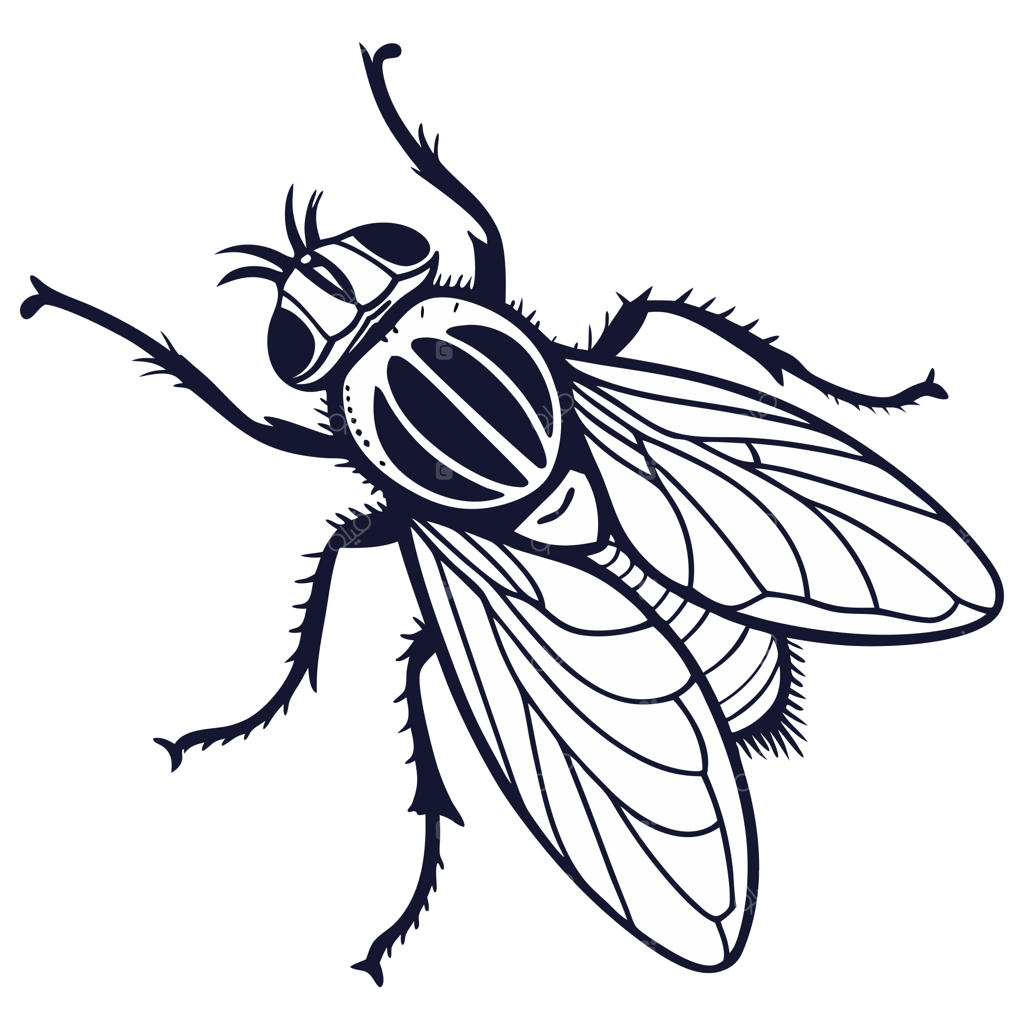 تصویرسازی وکتور سیاه و سفید مگس با طراحی استایلیزه روی زمینه سفید، مناسب برای اینفوگرافیک