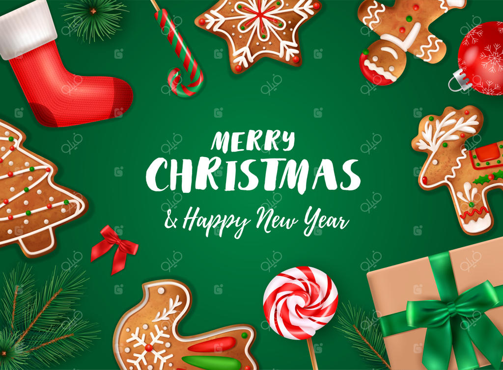 قاب کریسمس واقعی با تزیینات، بیسکوییت‌های تعطیلات و متن «کریسمس مبارک و سال نو مبارک» - تصویر وکتوریک
