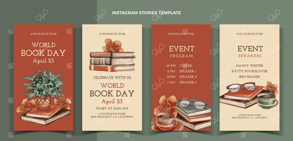 مجموعه استوری‌های اینستاگرام روز جهانی کتاب با طراحی دستی