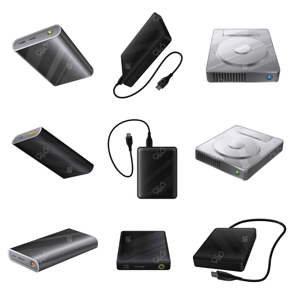 مجموعه آیکون‌های کارتونی هارد دیسک - خارجی و داخلی