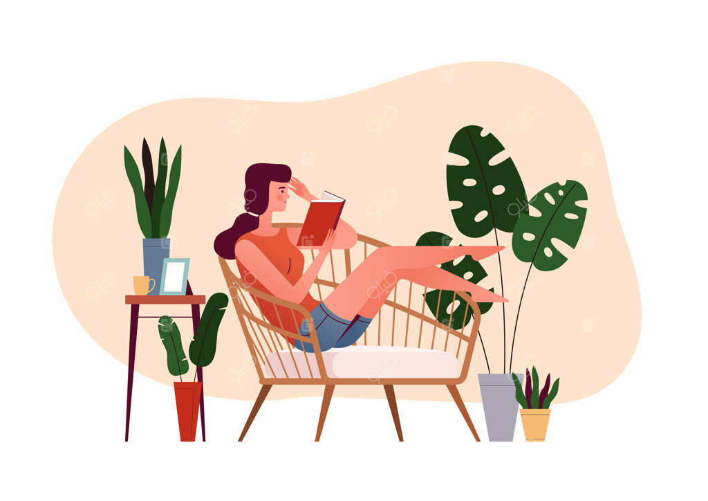 دختر جوانی روی صندلی راحتی کتاب می‌خواند