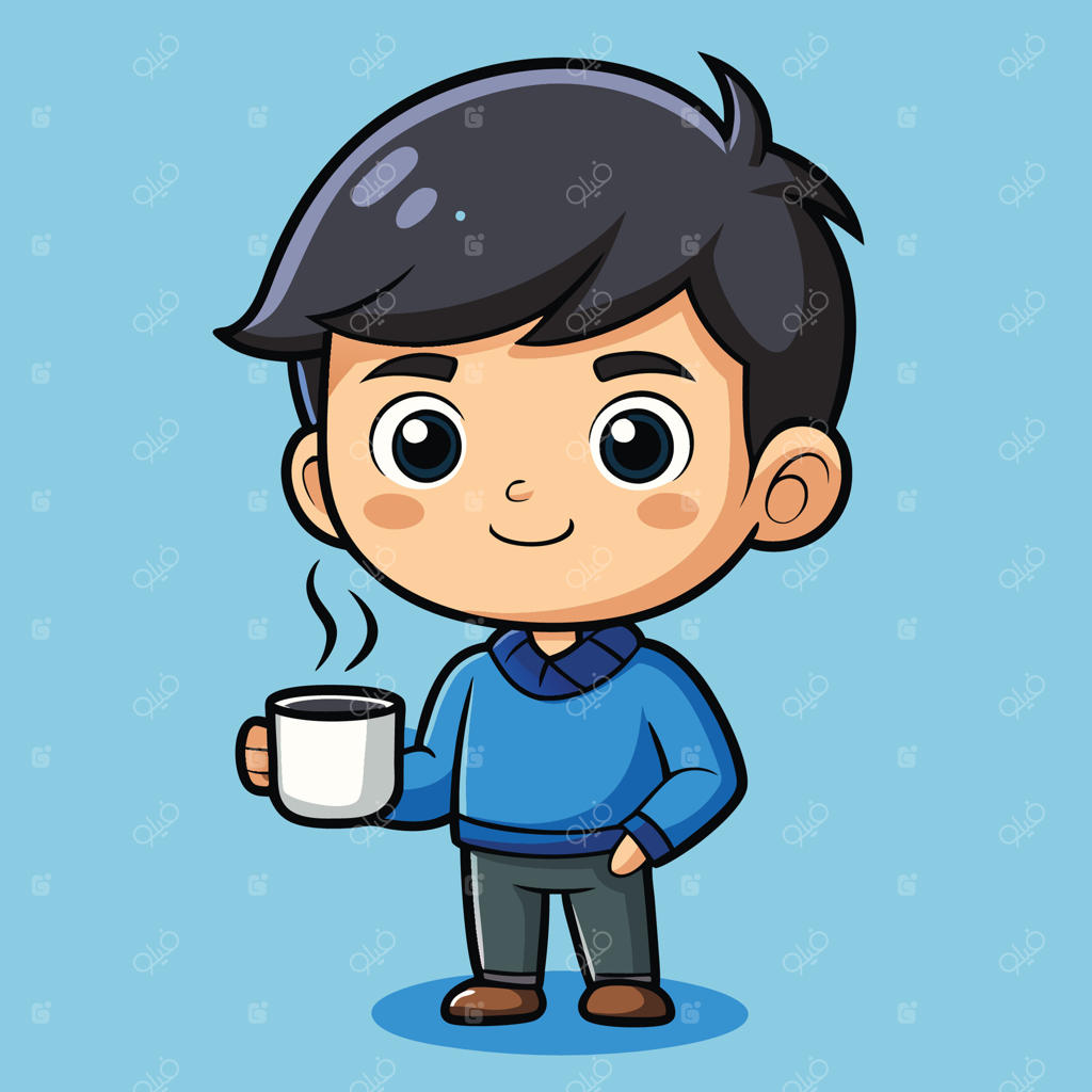 نقاشی کارتونی پسر بامزه با یک فنجان قهوه گرم