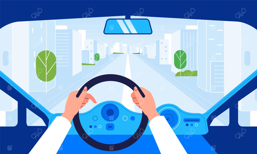 نمای داخلی از دستان راننده و داشبورد هنگام رانندگی در جاده شهری مدرن