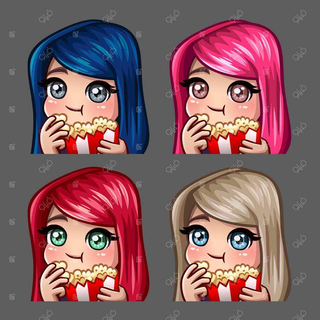 آیکون‌ احساسات: دختر شاد در حال خوردن پاپ‌کورن با موهای بلند برای شبکه‌های اجتماعی و استیکرها