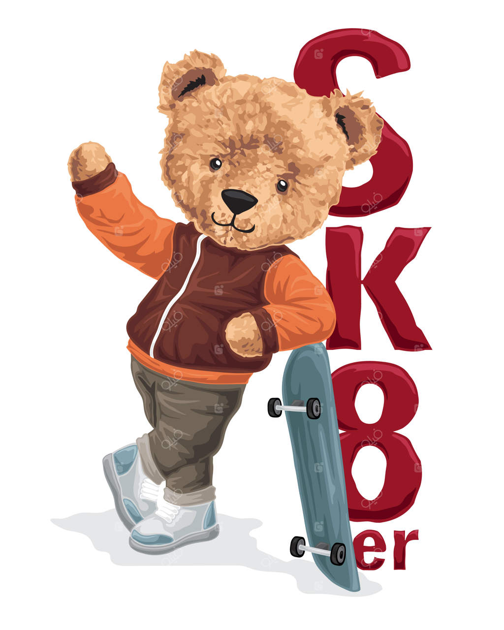 تصویرسازی وکتور عروسک خرس با اسکیت‌بورد