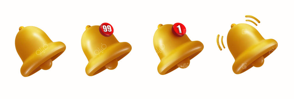 آیکون‌ سه‌بعدی زنگ با برچسب اعلان و عدد - آیکون زنگ واقعی و در حال زنگ زدن