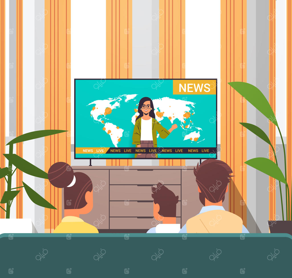 خانواده در حال تماشای اخبار روزانه؛ والدین و پسرشان در کنار هم در اتاق نشیمن