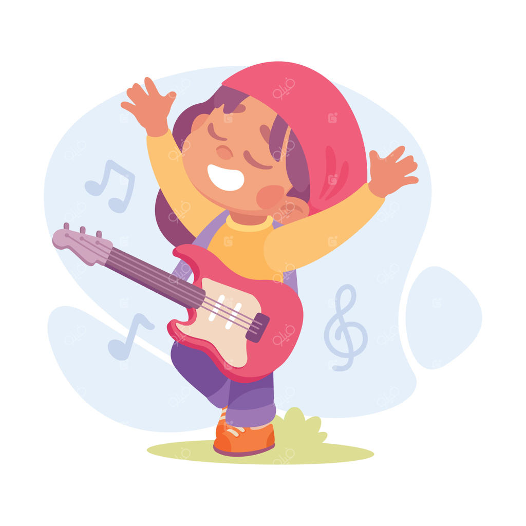 کودکی شاد که با خوشحالی در میان نت‌های موسیقی پرجنب‌وجوش گیتار می‌نوازد