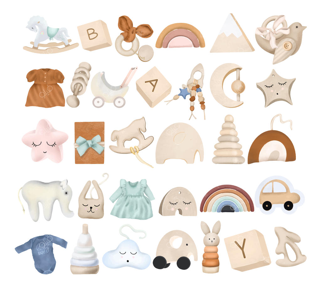 مجموعه‌ای از اسباب‌بازی‌های چوبی، عناصر مجزا.