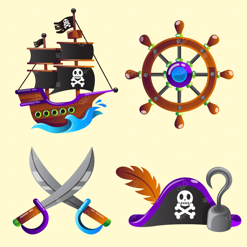 مجموعه‌ای از تجهیزات ماجراجویی دزدان دریایی - کارتونی وکتور