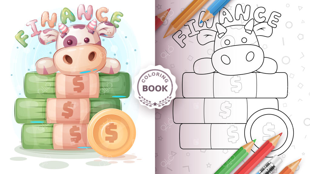 صفحه رنگ‌آمیزی شخصیت کارتونی گاو با پول