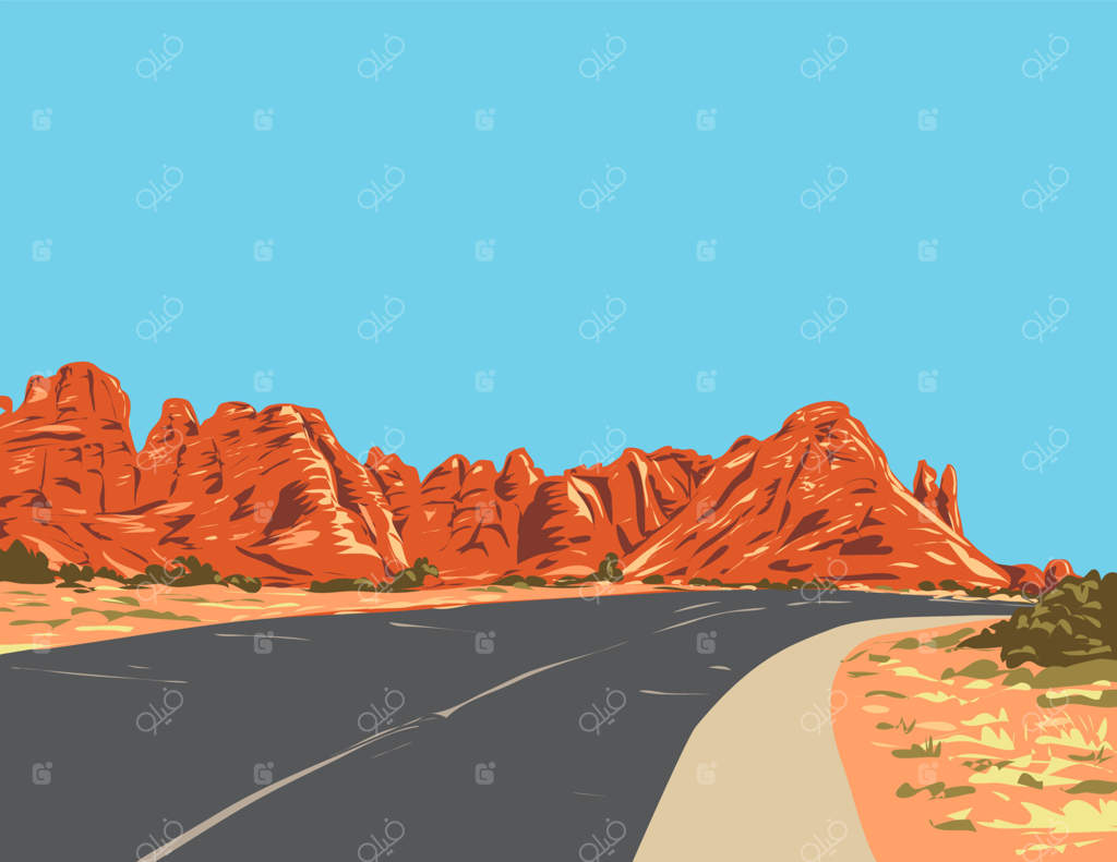 مسیر باغ شیاطین با صخره‌های تیغه‌ای در پارک ملی آرچز یوتا، هنر پوستر WPA