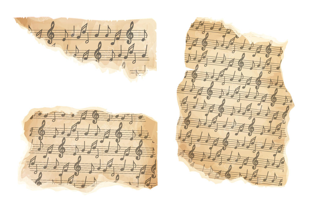 تکه کاغذ پوست با ملودی قدیمی موسیقی، برگه دفترچه آهنگ، عنصر طراحی، قاب روی پس‌زمینه سفید.