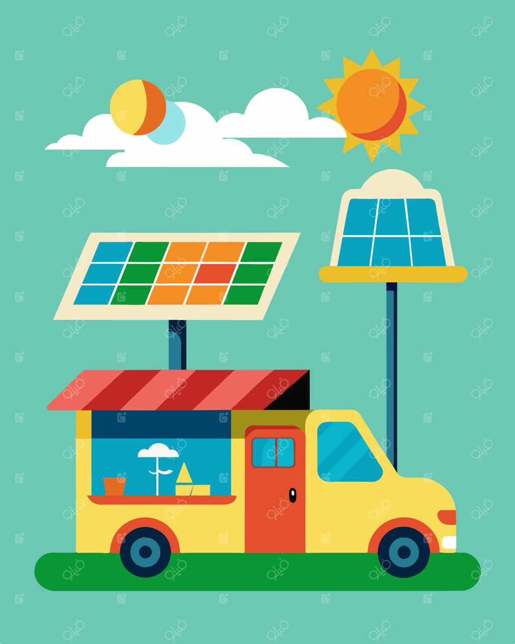 به جای صدای بلند ژنراتورها، خیابان پر از همهمه آرام پنل‌های خورشیدی است که چرخ‌دستی‌های غذا را به حرکت درمی‌آورند... تصویرسازی.