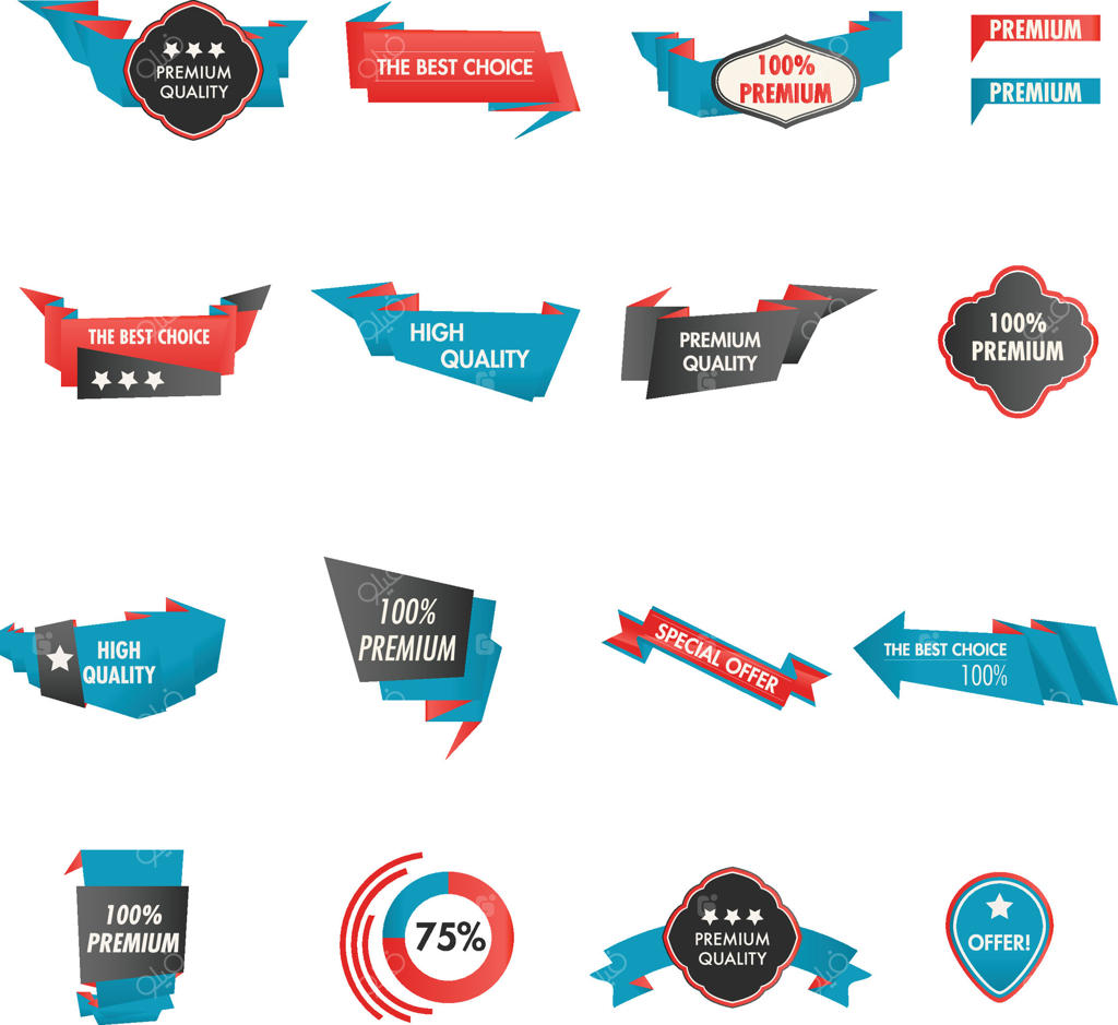 مجموعه طراحی قالب EPS با ربان‌های زیبا، برچسب‌ها و پاپیون‌ها.