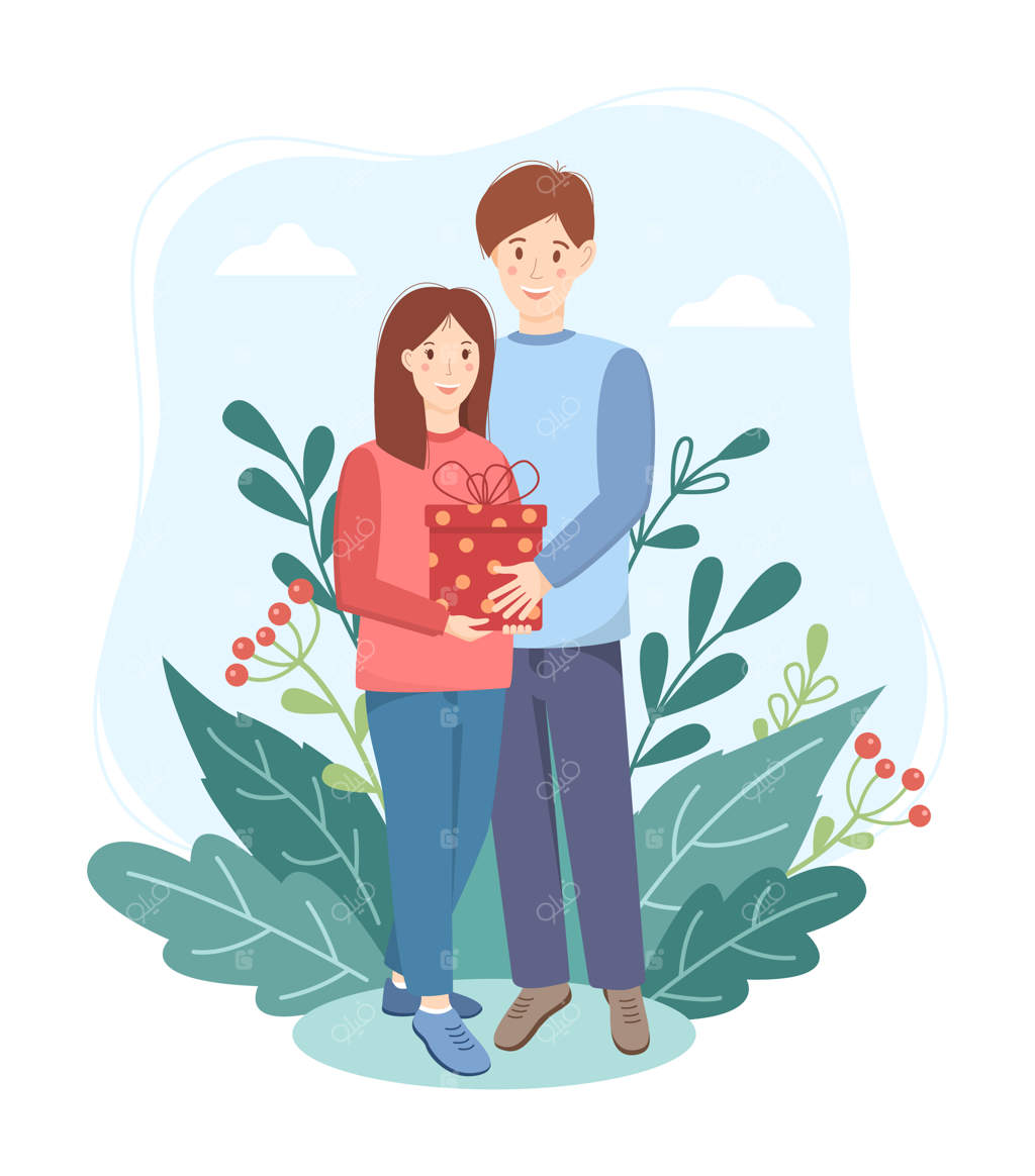 ایده هدیه برای زن و مرد خوشحال پس‌زمینه طبیعی برگ‌های سبز تصویر برداری بامزه