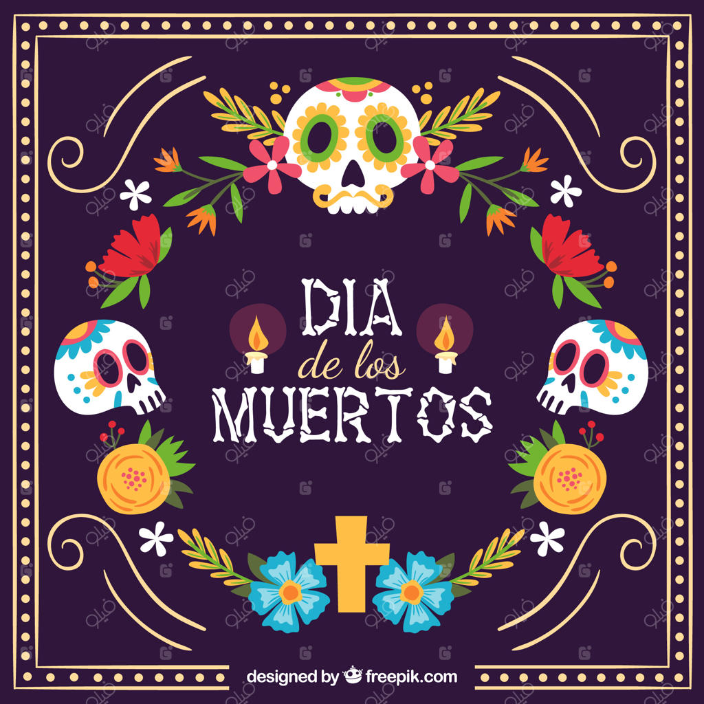 پس‌زمینه‌ی رنگارنگ مکزیکی با جمجمه‌ها