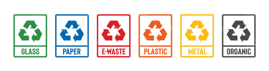 مجموعه‌ای از نمادها برای پلاستیک، کاغذ، شیشه، زباله‌های الکترونیکی، فلز، زباله‌های ارگانیک و برچسب‌های بازیافت برای انواع مختلف سطل‌های زباله
