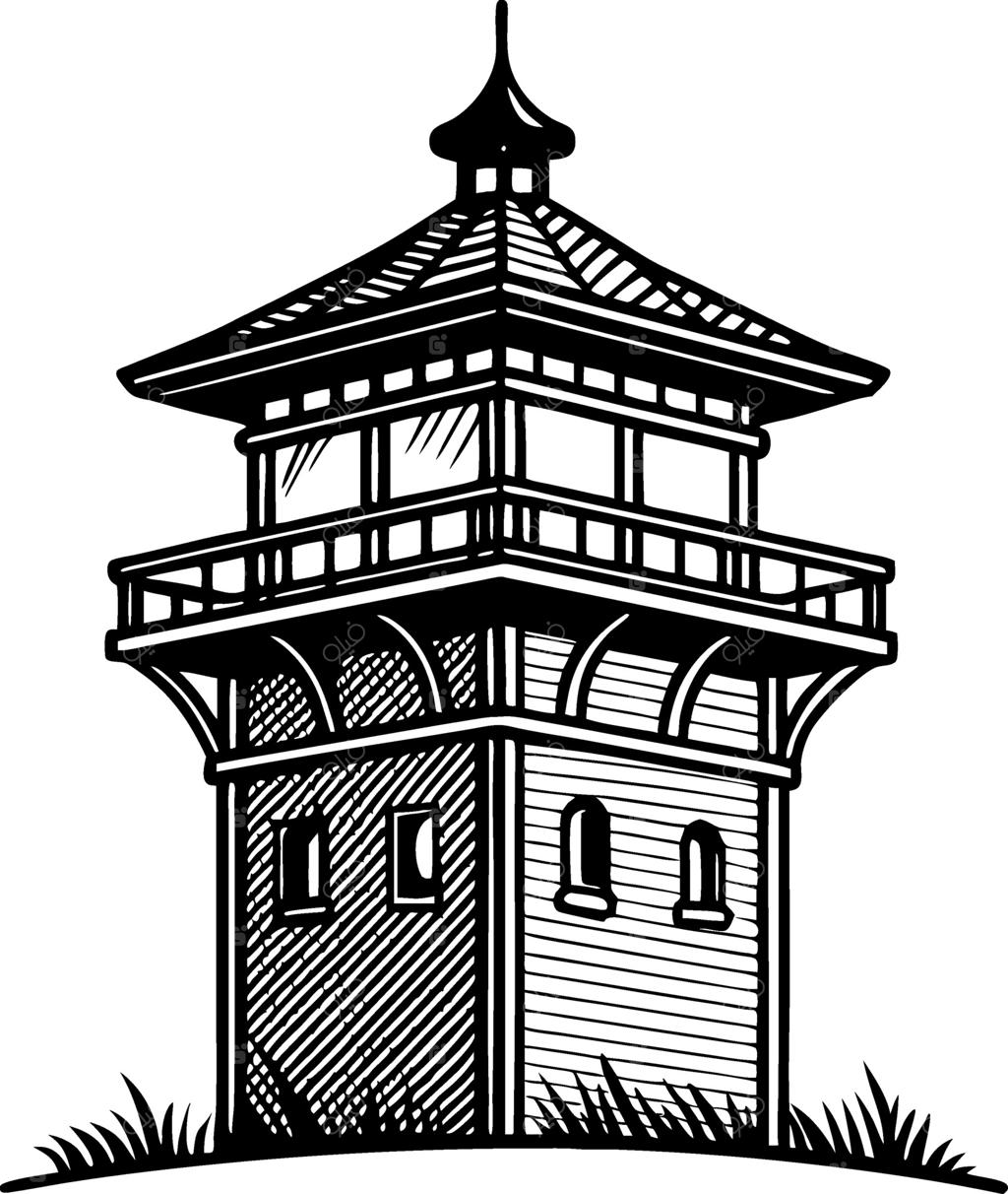 طرح خطی برج سنتی آسیایی برای طراحی گرافیک و تاتو