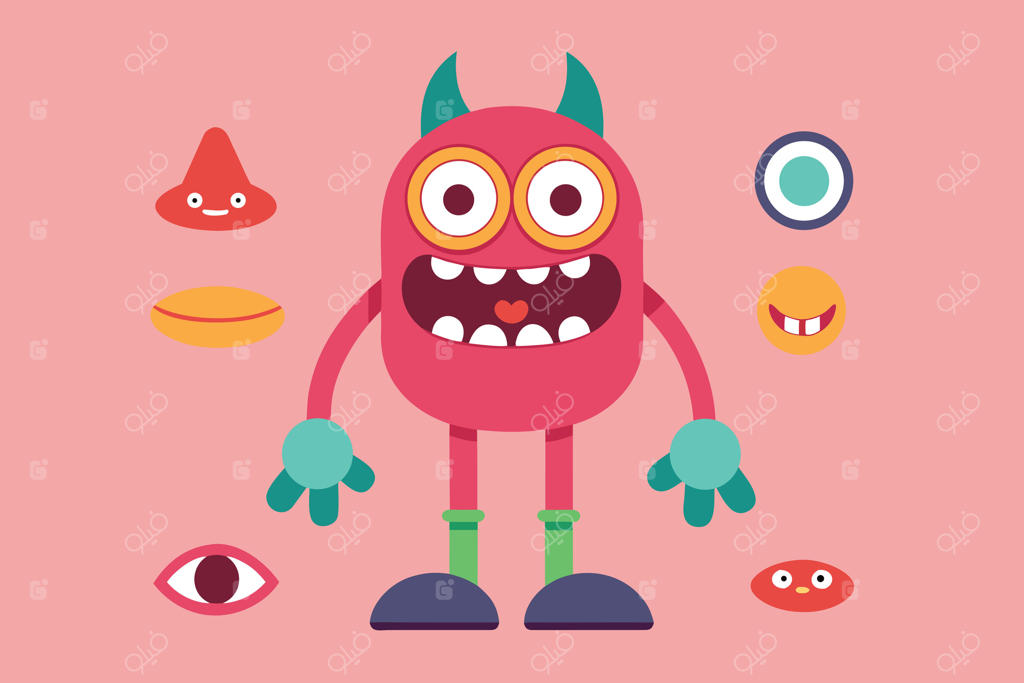 تصویرسازی کاراکتر هیولای کارتونی با اجزای صورت مجزا در پس‌زمینه صورتی