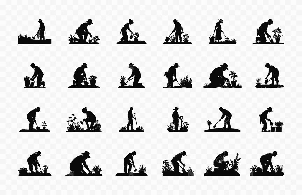 مجموعه وکتور باغبانی، پکیج کلیپ‌آرت سیاه‌سایه باغبان